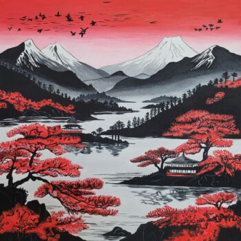 Pintura intitulada "Lake Landscape with…" por Natalya Popovtseva, Obras de arte originais, Acrílico