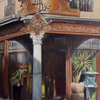 Painting titled "Gin Ger pub- León" by Tomás Castaño, Original Artwork, Oil Mounted on Wood Stretcher frame