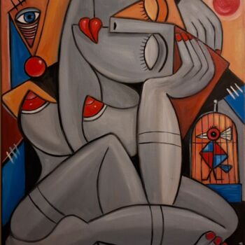 Pintura intitulada "Mulher com passarin…" por Olena Blinnikova, Obras de arte originais, Óleo Montado em Armação em madeira