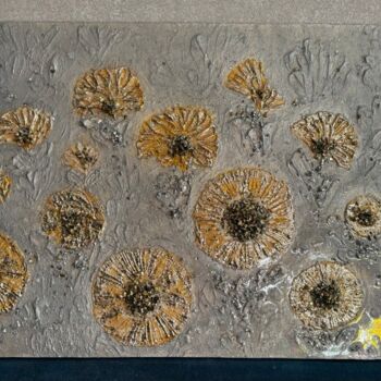 Painting titled "Golden Daises" by Mika Shigeru, Original Artwork, Acrylic Mounted on Wood Panel