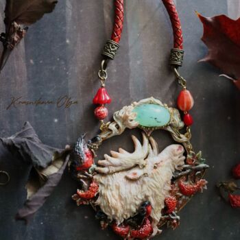 Sculpture titled "Necklace with elk "…" by Olga Kras, Original Artwork, Metals