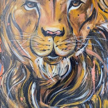 Painting titled "Peinture lion anima…" by Cédric Vignon, Original Artwork, Acrylic Mounted on Wood Stretcher frame