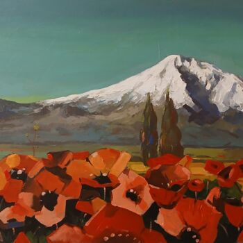 Malarstwo zatytułowany „Poppies of Ararat” autorstwa Davit Arstamyan, Oryginalna praca, Akryl Zamontowany na Drewniana rama…