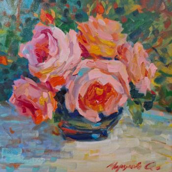 Peinture intitulée "Розовые розы" par Sofia Merkulova, Œuvre d'art originale, Huile