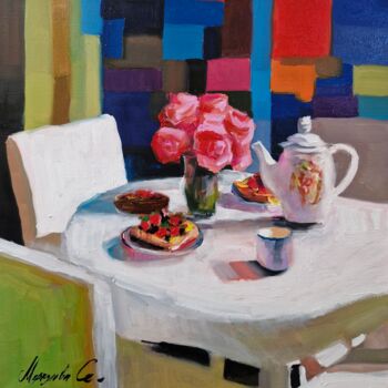 Peinture intitulée "Розы на столе" par Sofia Merkulova, Œuvre d'art originale, Huile