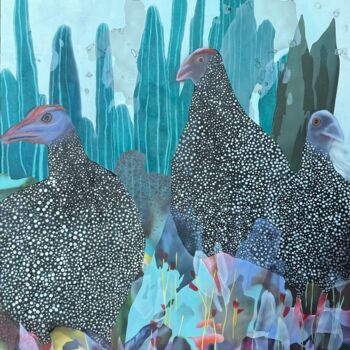 Schilderij getiteld "Guinea Fowl" door Elizaveta Pugacheva, Origineel Kunstwerk, Acryl Gemonteerd op Frame voor houten branc…