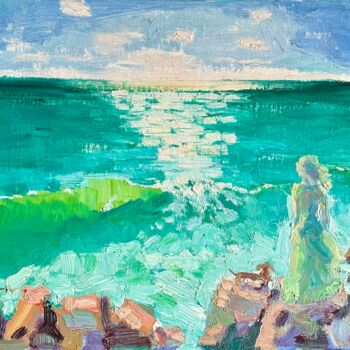 Картина под названием "FILLE EN VERT, Pein…" - Loudmila Harscouet, Подлинное произведение искусства, Масло Установлен на Дер…