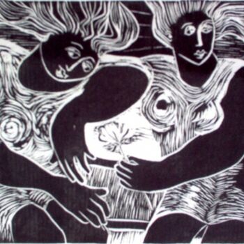 제목이 "Comadres"인 판화 Maria Lucia Pacheco로, 원작, 라이노컷