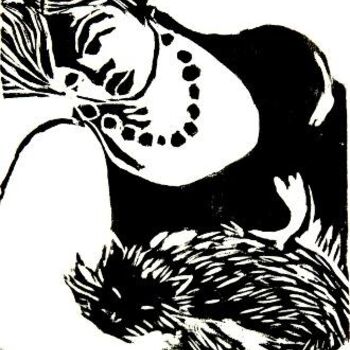 Gravures & estampes intitulée "Mulher com gato" par Maria Lucia Pacheco, Œuvre d'art originale, Xylographie