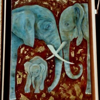 Painting titled "Les parents et le p…" by Marc Ivart, Original Artwork, Oil Mounted on Wood Panel