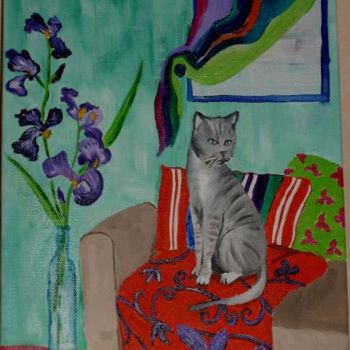 Painting titled "Chat au bouquet d'i…" by Nadege Frazié, Original Artwork
