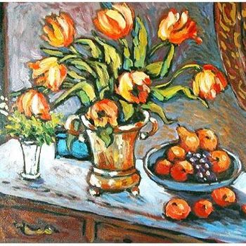 Malerei mit dem Titel "Interior with Tulips" von Rita Monaco, Original-Kunstwerk, Öl