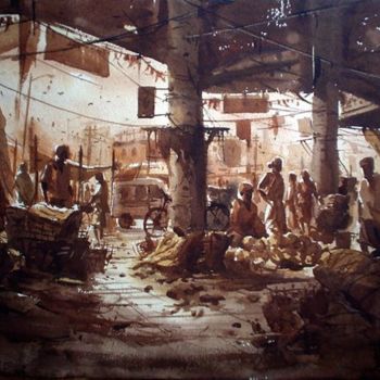 Peinture intitulée "Market15" par Kishore Singh, Œuvre d'art originale