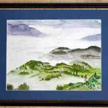 Peinture intitulée "village dans les nu…" par Jean Guyou, Œuvre d'art originale, Huile