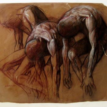 Tekening getiteld "Trois personnages" door Claude Duvauchelle, Origineel Kunstwerk, Anders