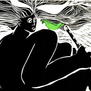 제목이 "Flautista"인 판화 Maria Lucia Pacheco로, 원작, 라이노컷