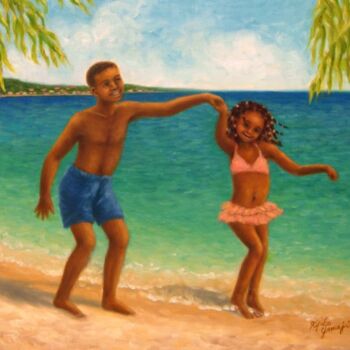 Painting titled "Merengue on the bea…" by Kyoko Yamaji, Original Artwork, Oil Mounted on Wood Stretcher frame