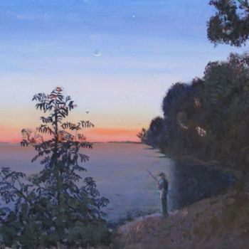 Painting titled "Moonlight Fisherman" by Herscovitch Larry, Original Artwork, Oil