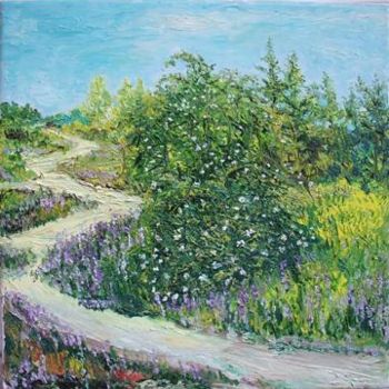 Schilderij getiteld "Rose Bushes & Path" door Animesh Roy, Origineel Kunstwerk, Olie