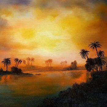 Painting titled "PALM TREES IN THE N…" by L'Orientaliste, Original Artwork, Oil