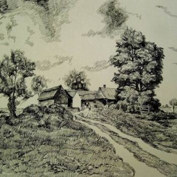 Painting titled "钢笔画：乡间小路" by Yun Yang Wang, Original Artwork, Oil