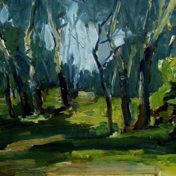 Painting titled "油画：阳光洒照白桦林" by Yun Yang Wang, Original Artwork, Oil