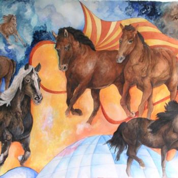 Malerei mit dem Titel "Le retour des cheva…" von Ghyslaine De Sevlian, Original-Kunstwerk, Öl