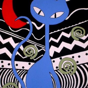 Painting titled "Blue Pussy Red Sun" by Teresa Croughen, Original Artwork, Oil