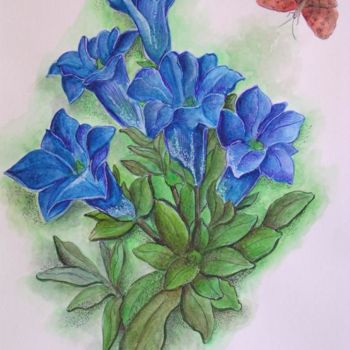Peinture intitulée "gentiane sans tige" par Ghyslaine De Sevlian, Œuvre d'art originale, Huile