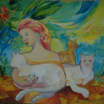 Peinture intitulée "la dame aux chats" par Nanou, Œuvre d'art originale, Huile