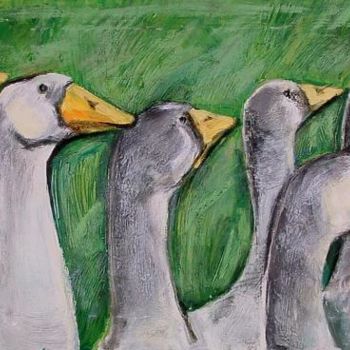 Painting titled "Les oies dans l'her…" by Nathalia Chipilova, Original Artwork, Acrylic