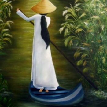 Painting titled "Estudante vietnamit…" by Inês Dourado, Original Artwork, Oil Mounted on Wood Stretcher frame