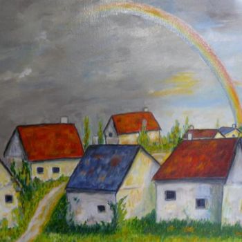 Peinture intitulée "Maisons entre orage…" par Mog, Œuvre d'art originale, Huile