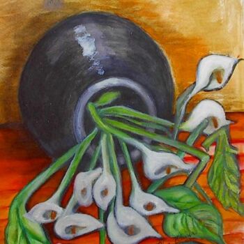 Painting titled "Flowers Toppled" by Chicana Artist.... Ruth Olivar Millan, Original Artwork, Oil