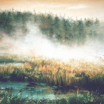 Painting titled "Green Valley's fogs" by Swiatecki Marek, Original Artwork, Oil