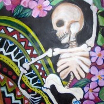 Painting titled "Flowers and Death" by Chicana Artist.... Ruth Olivar Millan, Original Artwork, Oil