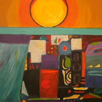 「"Sunset Over City"」というタイトルのデジタルアーツ Seshaによって, オリジナルのアートワーク, オイル