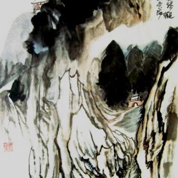 Painting titled "国画山水：山寺秋色，抚琴观瀑图" by Yun Yang Wang, Original Artwork, Oil