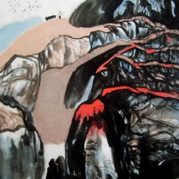 Painting titled "国画小品：高原牧归" by Yun Yang Wang, Original Artwork, Oil