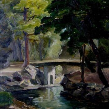 Painting titled "油画：北大未名湖" by Yun Yang Wang, Original Artwork, Oil