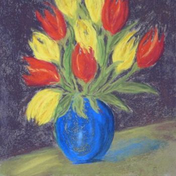 Peinture intitulée "Vase bleu et tulipes" par Mog, Œuvre d'art originale, Huile