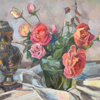Painting titled "Розы и скульптура." by Dmitry Veltishchev, Original Artwork, Oil