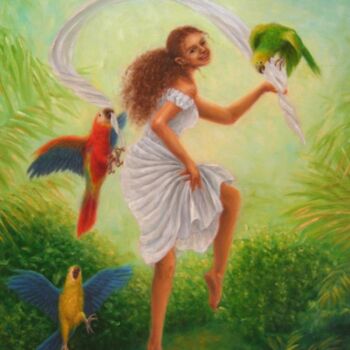 Painting titled "Dancing Parrots" by Kyoko Yamaji, Original Artwork, Oil Mounted on Wood Stretcher frame