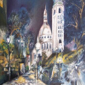 Painting titled "Paris_Montmartre" by Malgor Sadlon, Original Artwork, Oil Mounted on Wood Stretcher frame
