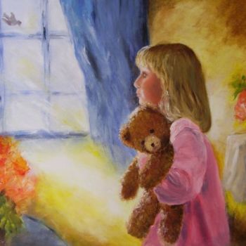 Painting titled "l'oiseau à la fenêt…" by Géraldine Streichert, Original Artwork, Oil