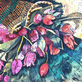 Painting titled "Basket of Tulips" by Scally Art, Original Artwork, Acrylic