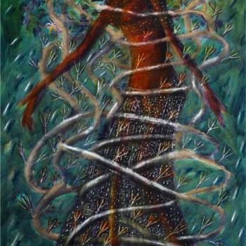 Painting titled "Naika & Tree Trunk-…" by Ved Nayar, Original Artwork, Oil