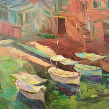 Painting titled "Утро. Пейзаж с лодк…" by Dmitry Veltishchev, Original Artwork, Oil