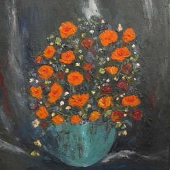 Painting titled "Flowers In Vase3" by Animesh Roy, Original Artwork, Oil