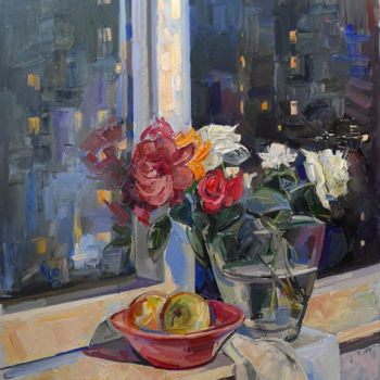 Painting titled "Ночное окно." by Dmitry Veltishchev, Original Artwork, Oil